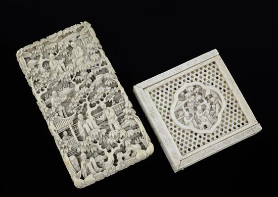 A Chinese export ivory card case and a similar tangram puzzle, 19th century, 8.5 and 5.1cm